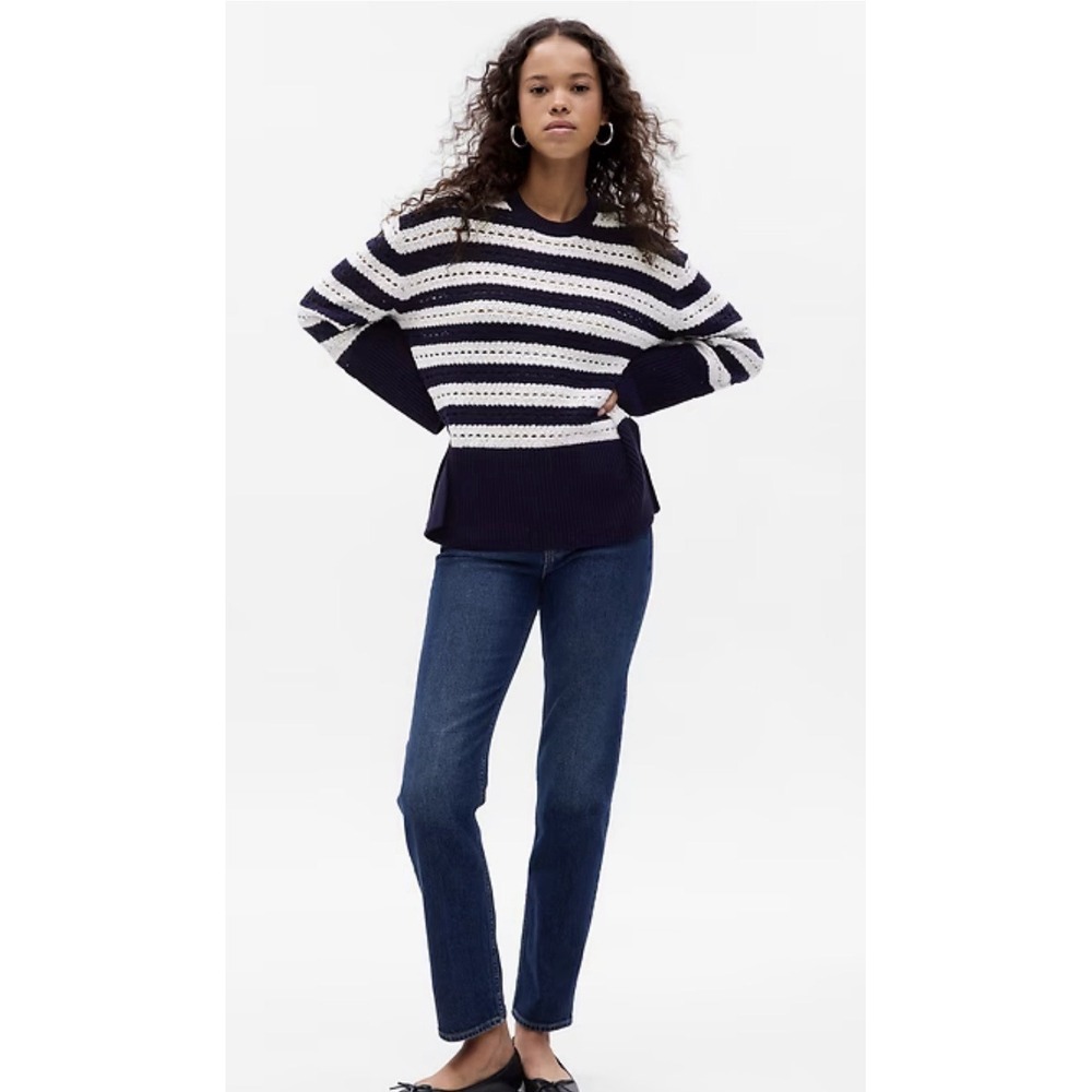 GAP 24/7 Split-Hem Crochet Sweater Women's XL Navy White Striped‎ Cotton Knit